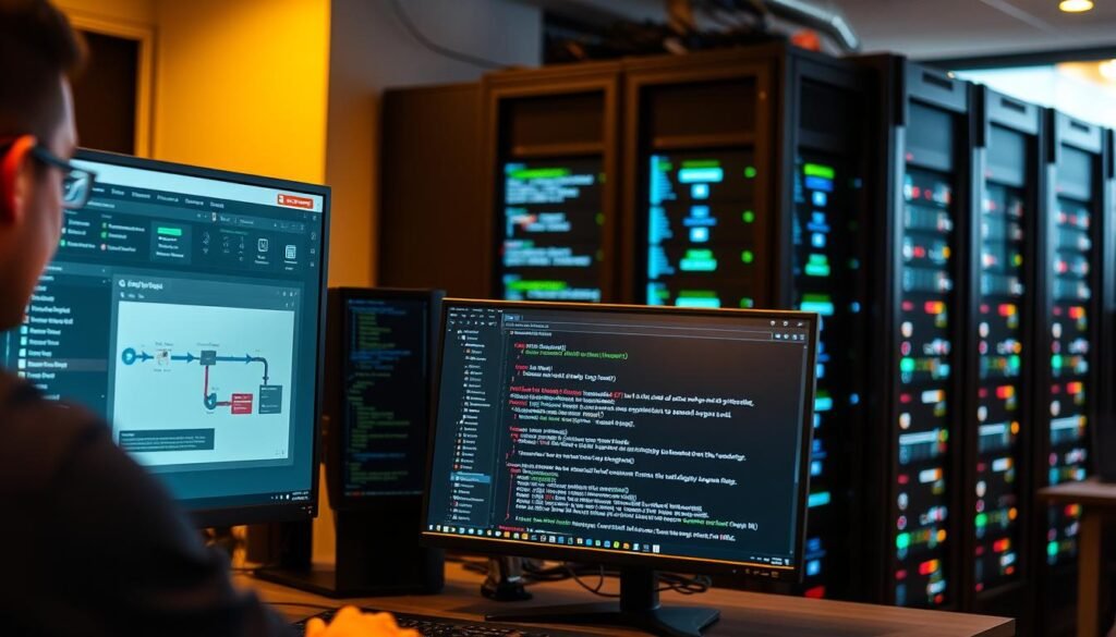 A busy software engineering workstation with multiple monitors displaying build automation tools. In the foreground, a developer interacts with a graphical CI/CD pipeline tool, visualizing automated test suites and deployment workflows. In the middle ground, a terminal window shows code commits triggering continuous integration, while in the background, a server rack pulses with the activity of build agents executing automated build and packaging tasks. Warm office lighting casts a focused, productive atmosphere, with a depth of field that emphasizes the technical complexity of modern software development tooling.