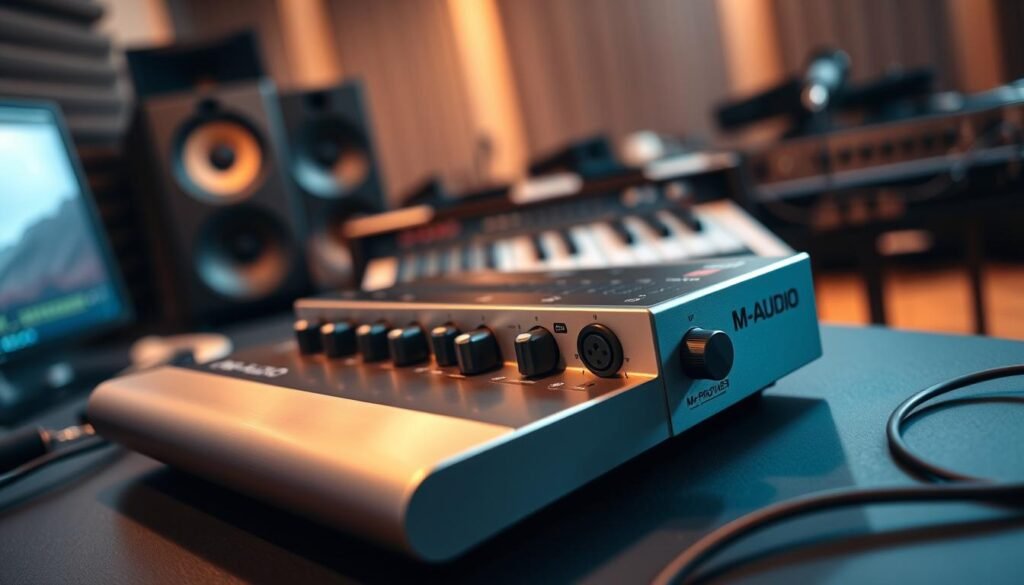 A sleek M-Audio audio interface sits prominently on a professional recording studio desk, surrounded by high-end audio equipment. The interface's brushed metal body and knobs are illuminated by warm, focused lighting, casting subtle shadows and highlights that accentuate its modern, high-quality design. In the background, a blurred view of the studio's soundproofed walls and music gear creates a sense of context and professional-grade production environment. The overall scene conveys the seamless integration and compatibility of the M-Audio interface with the Pro Tools M-Powered Essential software, as would be showcased in the article's "Seamless Integration with M-Audio Interfaces" section.