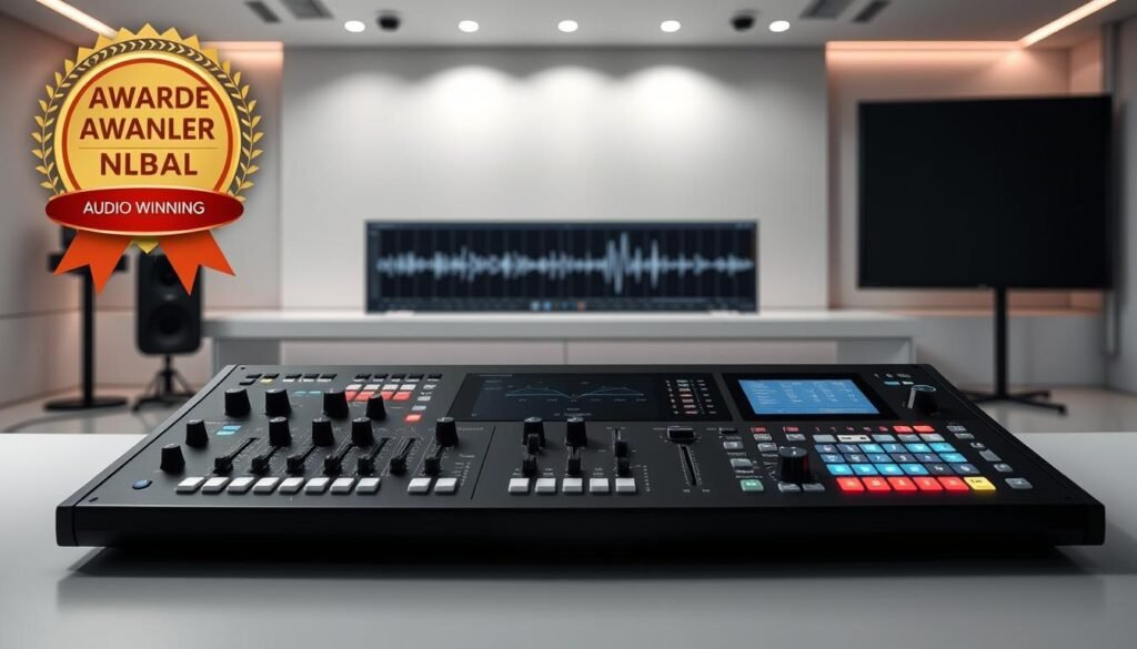 An award-winning audio editing interface set against a sleek, modern backdrop. In the foreground, a minimalist control panel with precision knobs, sliders, and touchscreen displays, exuding a sense of professional-grade functionality. The middle ground features a large, high-resolution waveform display, allowing for meticulous editing and precise sound manipulation. The background showcases a clean, minimalist workspace with subtle lighting, creating a sophisticated and focused atmosphere for the creative process. The overall composition conveys a seamless blend of cutting-edge technology and intuitive user experience, befitting a state-of-the-art audio editing solution.