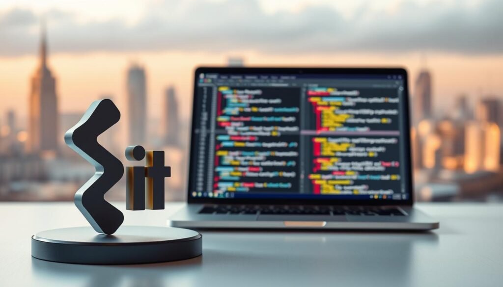 a detailed, photorealistic illustration of version control systems, depicting a sleek and modern software development environment. In the foreground, a stylized Git logo and various version control commands are prominently displayed against a clean, minimalist backdrop. In the middle ground, a laptop screen shows a code editor with multiple branches and commit histories, representing the core functionality of version control. The background features a blurred cityscape, suggesting a professional, corporate setting where such tools are essential for productivity. The scene is illuminated by warm, directional lighting that casts subtle shadows, creating depth and a sense of technical sophistication.