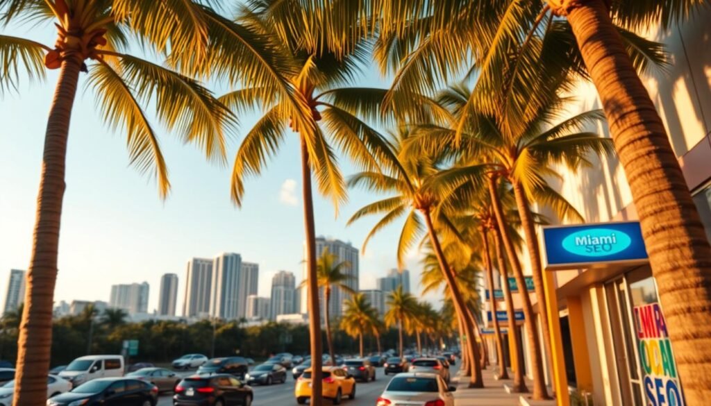 A bustling Miami cityscape, with palm trees swaying in the warm breeze. In the foreground, a vibrant storefront showcases a "Miami Local SEO" sign, its bright colors and modern design catching the eye. The middle ground features a busy street, with cars and pedestrians navigating the lively urban landscape. In the background, the iconic Miami skyline rises, its towering buildings and neon-lit skyscrapers bathed in a golden sunset glow. The overall atmosphere is one of energy, optimism, and a deep sense of the city's unique character. The image is captured with a wide-angle lens, conveying a sense of depth and scale, and the lighting is soft and natural, creating a welcoming and inviting ambiance.