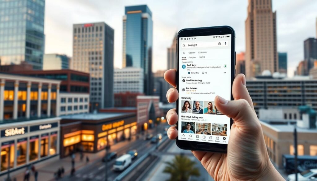 A bustling city skyline with a focus on a smartphone screen showcasing mobile SEO optimization for local businesses. The foreground features the smartphone with a clean, user-friendly interface highlighting local search results, business listings, and mobile-friendly website design. The middle ground depicts a busy downtown area with tall office buildings, storefronts, and pedestrians, conveying the importance of local online visibility. The background showcases the iconic landmarks of Milwaukee, Wisconsin, setting the scene for a locally-driven digital marketing strategy. The overall atmosphere is one of modern, tech-savvy enterprise, with warm lighting and a sense of urban vitality.