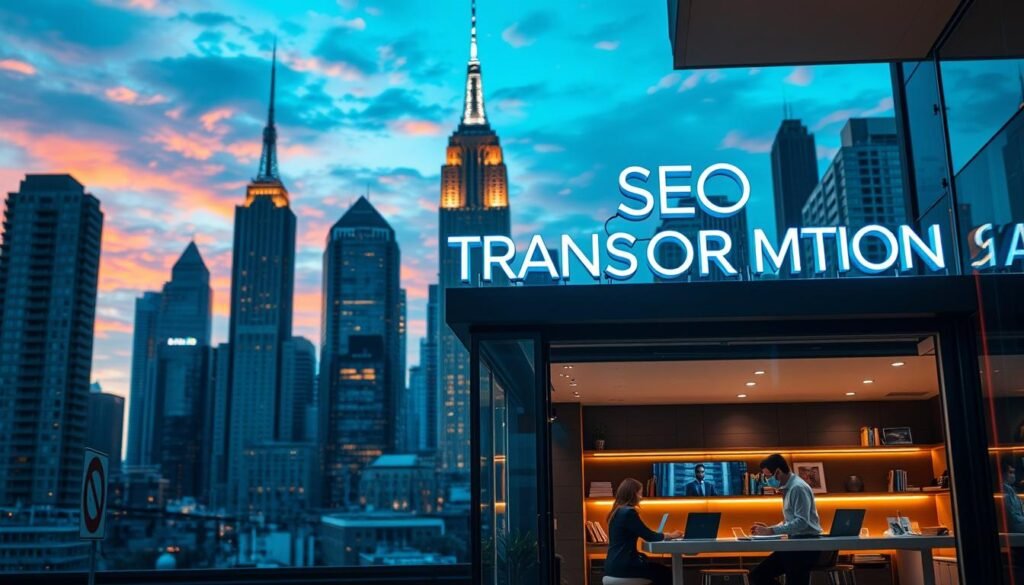 A bustling city skyline with towering skyscrapers against a vibrant sky, the foreground dominated by a local business storefront with a "SEO Transformation" sign illuminated in neon. The interior of the shop is visible, showcasing a team of professionals hard at work, their laptops and notes spread out on a sleek, modern desk. Soft, warm lighting casts an inviting glow, while the background features a blend of traditional and contemporary architecture, reflecting the unique character of New York City. The overall scene conveys a sense of transformation, progress, and the power of effective local SEO to unlock a business's online potential.