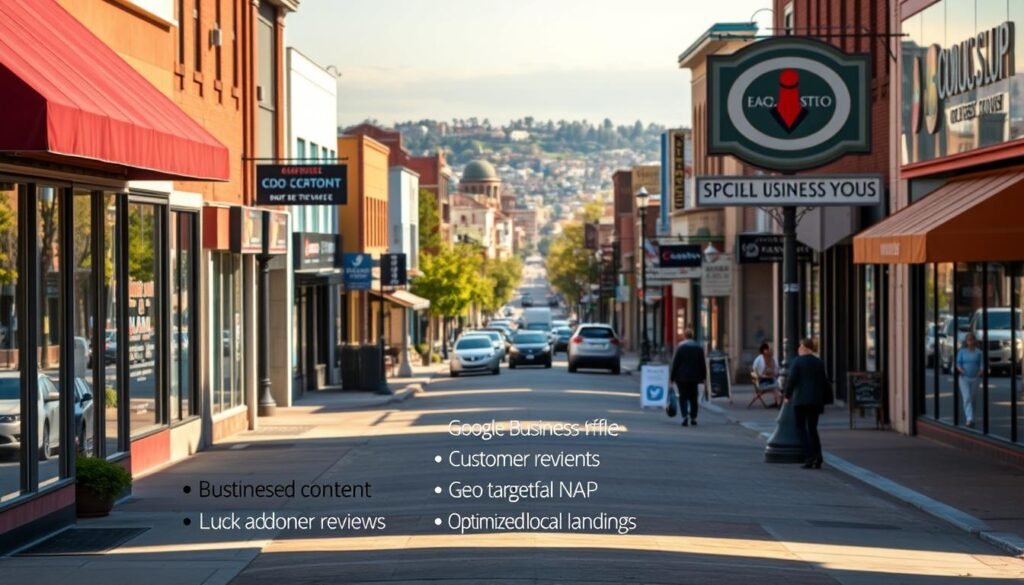A bustling city street in Folsom, California, with various local businesses lining the sidewalks. In the foreground, a series of common local SEO mistakes are depicted - a neglected Google Business Profile, outdated website content, a lack of customer reviews, and inconsistent NAP (name, address, phone) information across directories. The middle ground showcases well-optimized local SEO practices, such as a prominent business signage, geo-targeted social media posts, and optimized local landing pages. The background features a vibrant, sun-drenched cityscape, hinting at the potential for growth and success for businesses that avoid these common local SEO pitfalls. Captured with a wide-angle lens, the scene conveys a sense of urgency and opportunity for local businesses to optimize their online presence.