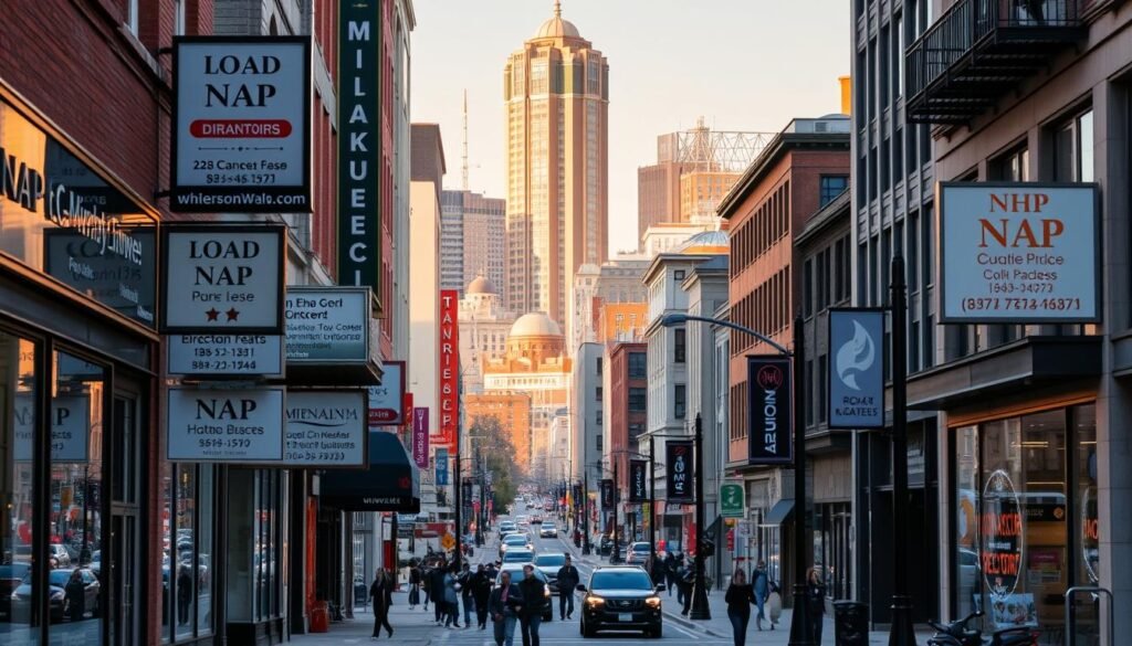 A bustling city street in Milwaukee, Wisconsin, with a focus on local SEO citations. In the foreground, a series of storefront signs and directory listings for various local businesses, each prominently displaying their NAP (name, address, phone number) details. The middle ground features pedestrians and vehicles moving through the urban landscape, while the background showcases the iconic Milwaukee skyline, bathed in warm, golden afternoon light. The scene conveys a sense of vibrant local commerce and the importance of building a strong online presence through local SEO citations to attract nearby customers.