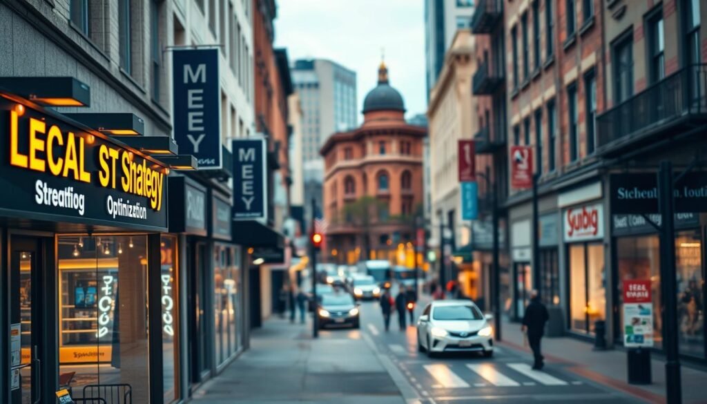 A bustling city street, with a variety of local businesses lining the sidewalks. In the foreground, a modern storefront with a vibrant sign reading "Local SEO Strategy Optimization". Warm lighting casts a cozy glow, highlighting the storefront's sleek design and attention to detail. In the middle ground, pedestrians and vehicles move with a sense of energy and purpose, reflecting the dynamic nature of local search engine optimization. In the background, a blend of historic and contemporary architecture creates a visually compelling urban landscape. The overall scene conveys the intersection of traditional small-business charm and cutting-edge digital marketing strategies, capturing the essence of an effective local SEO approach.