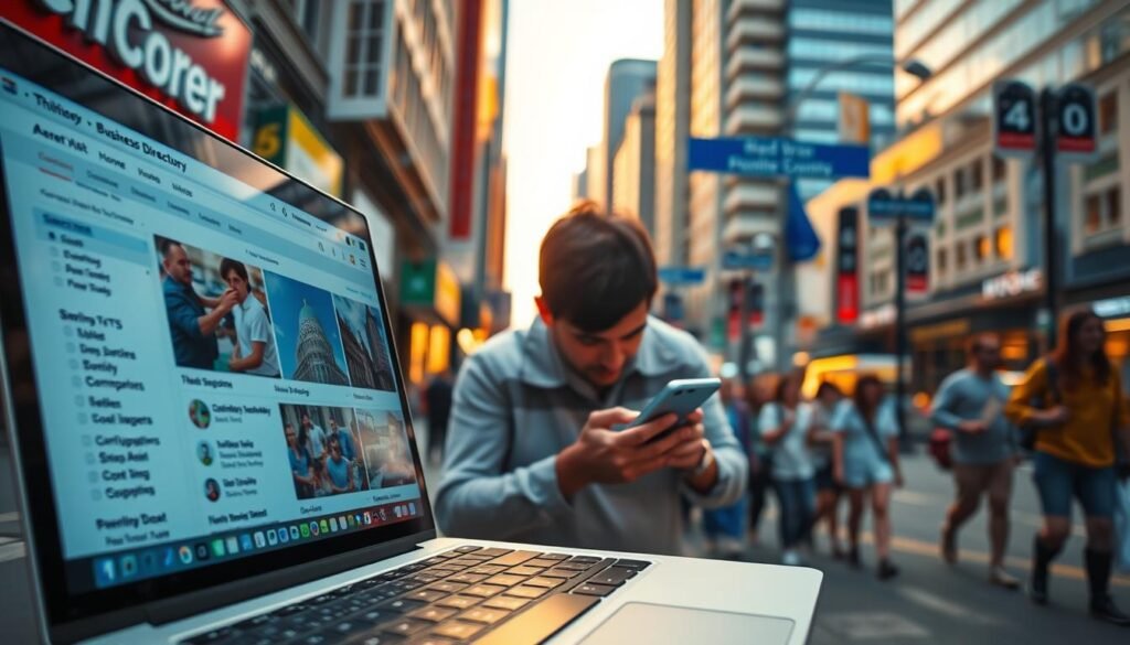A bustling city street, with a warm, golden hour glow illuminating the storefronts and pedestrians. In the foreground, a laptop screen displays a local business directory, showcasing key information about nearby companies. In the middle ground, a person is hunched over a smartphone, meticulously researching local SEO keywords and strategies. The background is a blend of modern architecture, street signs, and the vibrant energy of a thriving urban landscape. The scene evokes a sense of strategic focus, with the subject deeply immersed in the process of optimizing their local online presence.