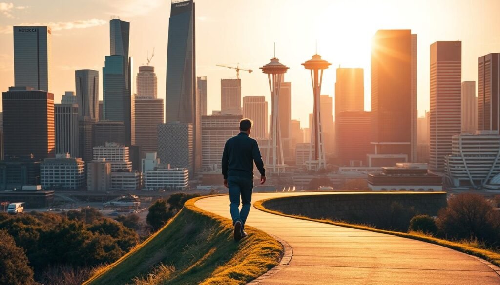 A bustling cityscape of Houston, Texas, with towering skyscrapers and the iconic Space Needle in the background. In the foreground, a person navigates a winding path, symbolizing the journey of local SEO optimization. The scene is bathed in warm, golden light, casting a sense of determination and progress. The person's silhouette is highlighted, their steps purposeful, as they navigate the digital landscape of Houston's vibrant business community. The overall composition conveys a sense of growth, innovation, and the pursuit of online visibility for local enterprises.