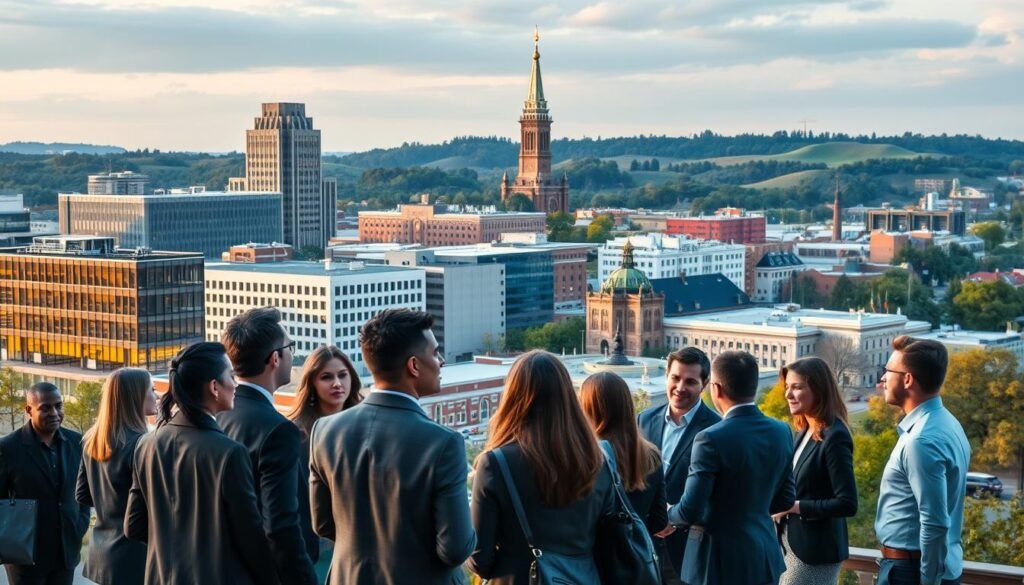 A bustling cityscape of Washington, NJ, with a focus on the local SEO experts. In the foreground, a group of professionals in business attire, engaged in animated discussion, showcasing their expertise. The middle ground features modern office buildings and coworking spaces, hinting at the thriving tech and digital marketing scene. In the background, the iconic landmarks of Washington, NJ, such as the historic town square and the picturesque rolling hills, create a vibrant and welcoming atmosphere. Soft, warm lighting illuminates the scene, highlighting the collaboration and innovation of the local SEO experts. A wide-angle lens captures the dynamic energy and collaborative spirit of the Washington, NJ digital marketing community.