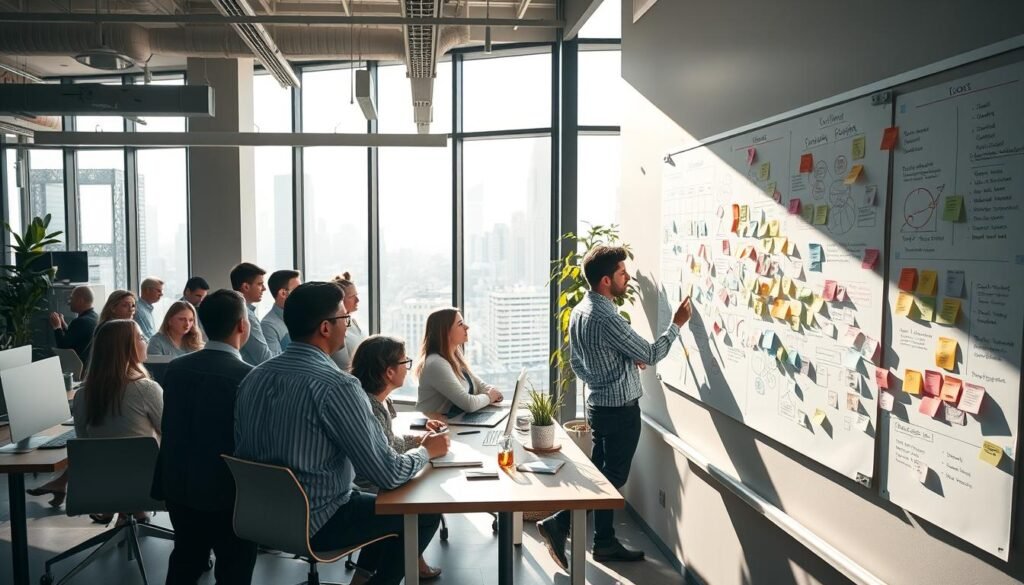 A bustling creative workspace, with a large whiteboard adorned with colorful sticky notes and diagrams. In the foreground, a team of designers, writers, and marketers collaborate, surrounded by modern office furniture and sleek, minimalist decor. Sunlight streams in through floor-to-ceiling windows, casting a warm, productive glow. The background features a city skyline, hinting at the diverse clientele and global reach of this forward-thinking creative agency. The overall atmosphere conveys a sense of strategic planning, innovation, and a relentless pursuit of online visibility and success.