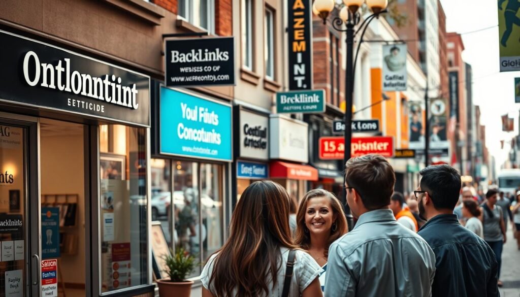 A bustling downtown scene with an orthodontic office prominently displayed, its signage and branding catching the eye. In the foreground, a group of people engrossed in conversation, hinting at potential referrals and networking opportunities. The middle ground features various local businesses, their websites and backlinks visible on storefront windows and digital displays. The background showcases a vibrant street life, with pedestrians, vehicles, and other visual cues that convey a sense of community engagement. The lighting is natural, with warm tones and soft shadows, creating an inviting atmosphere. The composition emphasizes the interconnectedness of the local ecosystem, where the orthodontic practice is seamlessly integrated, leveraging backlinks and partnerships to establish its authority and visibility within the community.