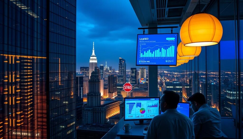 A bustling urban cityscape with a modern glass-and-steel office building in the foreground. Inside, a workspace with a large display screen showcasing vibrant analytics dashboards and local SEO performance metrics. Warm overhead lighting casts a professional glow, and a team of analysts pore over the data, their faces illuminated by the screen's blue-tinted light. In the background, a panoramic view of the city skyline, with towering skyscrapers and the faint glow of streetlights. The scene conveys the importance of sophisticated local SEO analytics in driving powerful business insights.