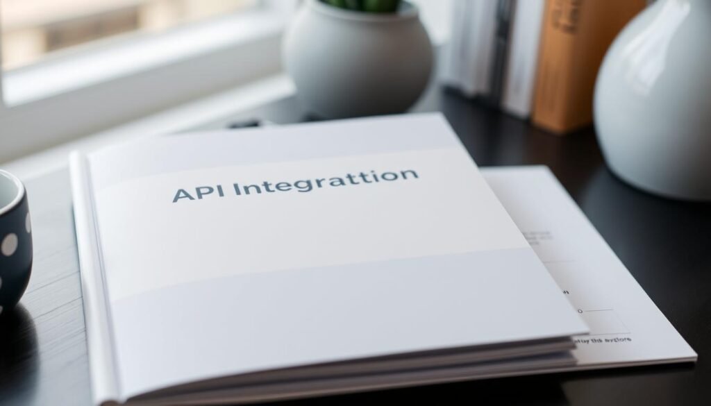 A clean, modern API documentation guide with a sleek, minimalist design. The cover features a clean sans-serif title "ConvertKit API Integration Guide" set against a muted, gradient background. The layout is grid-based, with well-spaced sections and clear headings. The overall aesthetic is professional, yet approachable, with a warm, neutral color palette and subtle drop shadows for depth. The guide is presented in a slightly angled perspective, captured by a high-quality camera lens with a shallow depth of field, placing the focus on the front cover. The lighting is soft and diffused, creating a serene, inviting atmosphere.