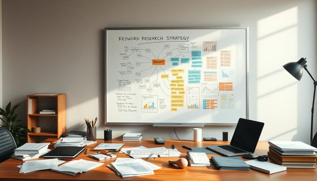 A clean, well-lit workspace with a wooden desk and a large whiteboard taking up the central focus. On the whiteboard, a visual representation of a keyword research strategy unfolds - colorful mind maps, flow charts, and data visualizations illustrate the process of discovering, analyzing, and prioritizing keywords. The desk is littered with research materials, laptops, and office supplies, conveying a sense of active, thoughtful exploration. Soft, directional lighting casts a warm glow over the scene, creating a contemplative, productivity-focused atmosphere. The overall composition suggests a methodical, data-driven approach to uncovering the most impactful keywords for search engine optimization.
