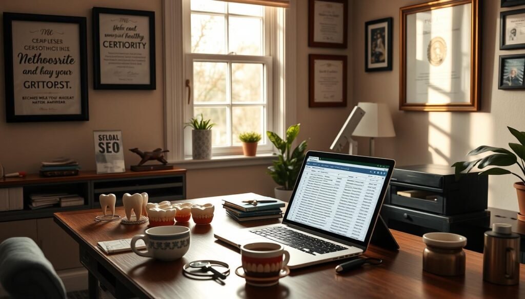 A cozy home office, the walls adorned with inspirational quotes and framed orthodontic certificates. On the desk, a laptop displays a spreadsheet of local SEO keywords, surrounded by dental models, a magnifying glass, and a cup of steaming coffee. Soft, natural lighting filters through the window, casting a warm glow over the scene. The atmosphere is one of focused productivity, as the orthodontist diligently researches the most relevant keywords to boost their online presence in the local community.