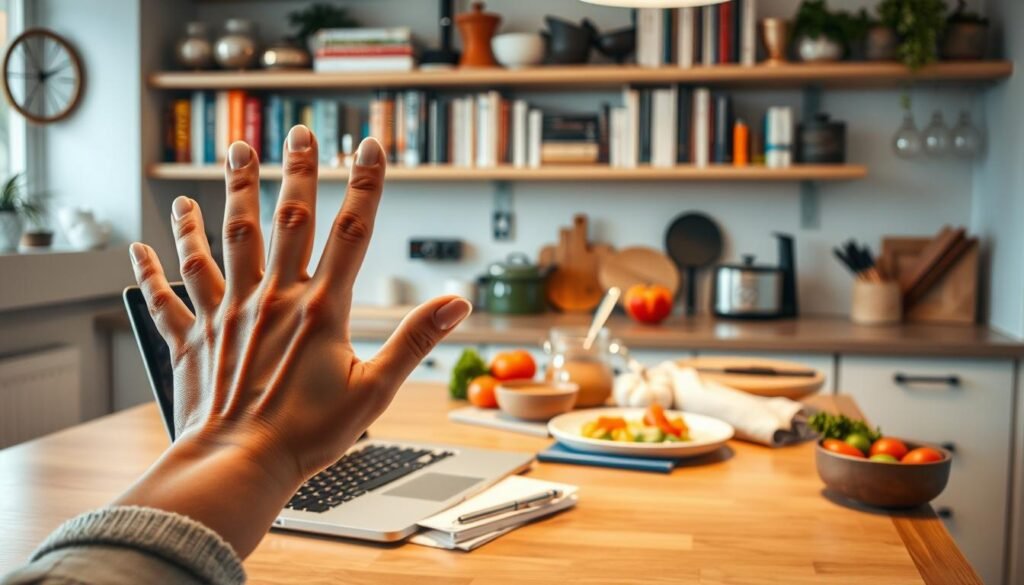 A cozy kitchen counter with a laptop, notepad, and various cooking ingredients arranged artfully. Warm, diffused lighting illuminates the scene, creating a inviting atmosphere. In the foreground, a food blogger's hand gestures animatedly, conveying the excitement of discussing affiliate marketing strategies for her culinary blog. Shelves in the background display an array of cookbooks and kitchen gadgets, hinting at the blogger's expertise. The overall composition suggests the intersection of food, technology, and entrepreneurial spirit.