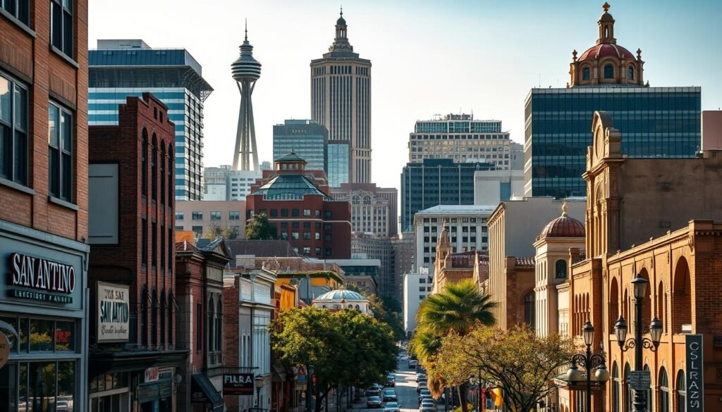A detailed cityscape of downtown San Antonio, Texas, bathed in warm afternoon sunlight. In the foreground, a bustling street with local businesses, their storefront signs and window displays prominently featured. In the middle ground, towering skyscrapers and historic Spanish-style architecture. The background showcases the iconic Tower of the Americas and the serene curves of the San Antonio River. The overall scene conveys a thriving, vibrant local economy ripe with opportunities for effective local SEO strategies.