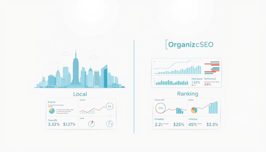 A detailed comparison of local SEO and organic SEO strategies, showcased against a clean, minimalist background. In the foreground, two distinct city skyline illustrations, one representing local optimization and the other organic search ranking. The local skyline features prominent landmarks and geo-targeted elements, while the organic skyline has a more expansive, universal appeal. In the middle ground, two sets of analytical charts and graphs highlighting key performance metrics, illustrating the unique benefits and trade-offs of each approach. Soft, directional lighting casts a professional, informative atmosphere, encouraging the viewer to explore the nuances between these two crucial digital marketing disciplines.