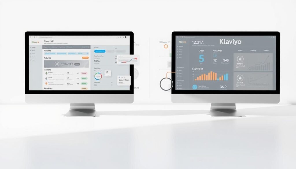 A detailed comparison of the popular email marketing platforms ConvertKit and Klaviyo, depicted in a clean, minimalist style. In the foreground, two computer screens showcase the respective user interfaces, highlighting key features and metrics. The middle ground features abstract data visualizations, charts, and graphs comparing performance metrics like open rates, click-through rates, and subscriber growth. The background is a serene, monochromatic gradient, creating a sense of focus and professionalism. Soft, directional lighting casts subtle shadows, emphasizing the sleek, modern aesthetic. The overall composition conveys a data-driven, analytical comparison of the two email tools, suitable for an article exploring their relative strengths and suitability for different business needs.