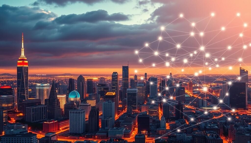 A detailed, data-driven local SEO strategy visualization. In the foreground, a vibrant city skyline with prominent landmarks, depicting the company's local presence. In the middle ground, a cluster of digital devices and analytics dashboards, showcasing the data-driven approach. In the background, a network of interconnected nodes and pathways, representing the complex web of local SEO tactics implemented. Warm, ambient lighting casts a professional, authoritative tone. The composition uses a wide, cinematic angle to convey the comprehensive nature of the local SEO strategy. The overall mood is one of strategic vision, informed by data and tailored to the specific local market.