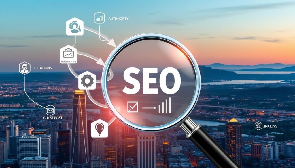 A detailed illustration of local SEO backlinking strategies, showcasing various link-building tactics for small businesses. In the foreground, a city skyline with digital icons and arrows representing diverse backlink sources - local directories, citations, guest posts, and social media profiles. In the middle ground, a magnifying glass examining the link profile, with metrics and analytics displayed. The background features a serene landscape, symbolizing the growth and authority gained through strategic local backlinks. The scene is illuminated by warm, directional lighting, creating a sense of productivity and achievement. Rendered in a clean, infographic-style aesthetic to convey the informative and actionable nature of local SEO backlinking.