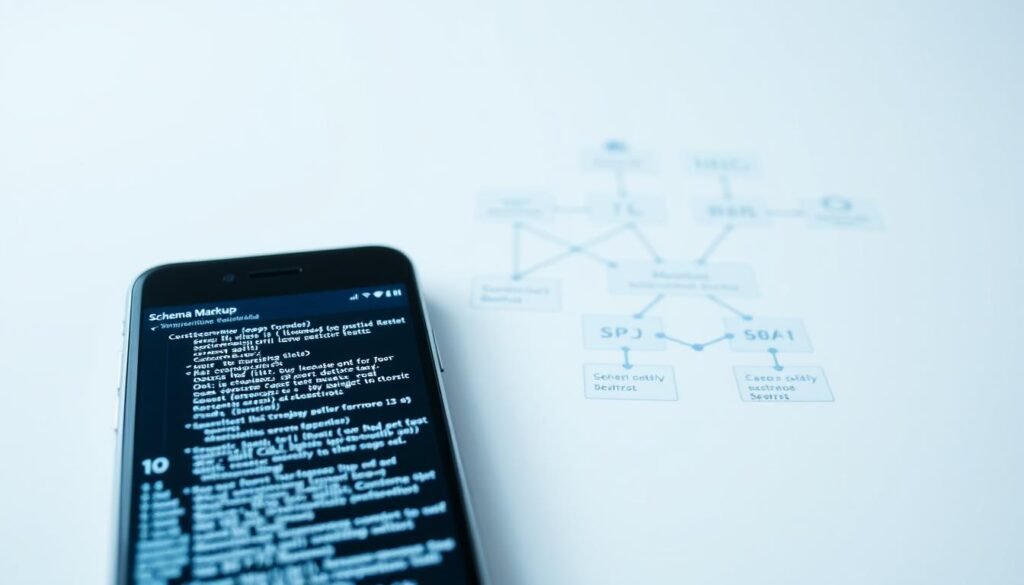 A detailed, technical schematic diagram depicting the implementation of schema markup for mobile SEO. The foreground shows a smartphone device with the schema markup code prominently displayed on the screen, showcasing the key elements and structure. In the middle ground, a series of interconnected data points and entities illustrate how the schema markup ties into the mobile search ecosystem. The background features a subtle grid pattern and clean, minimalist design to convey a sense of order and professionalism. The lighting is soft and uniform, creating a clear, legible visualization. The camera angle is straight-on, providing a direct, informative view of the schema markup implementation for mobile optimization.