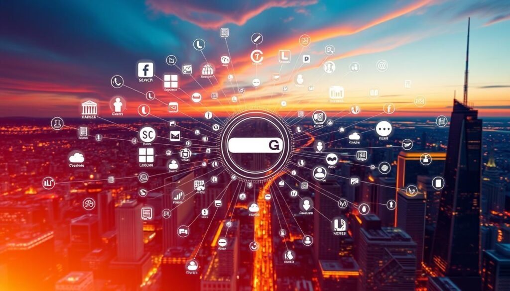 A detailed visualization of an offsite SEO strategy, showcasing a vibrant digital landscape. In the foreground, a central search engine icon represents the primary target, surrounded by an array of social media platforms, backlink sources, and industry-relevant websites. The middle ground features a complex web of interconnected lines, symbolizing the intricate network of external factors influencing search engine rankings. In the background, a cityscape of skyscrapers and digital infrastructure sets the stage, bathed in a warm, sunset-inspired color palette. The overall composition conveys the dynamic, multifaceted nature of offsite SEO, emphasizing the importance of leveraging external factors to drive online visibility and success.