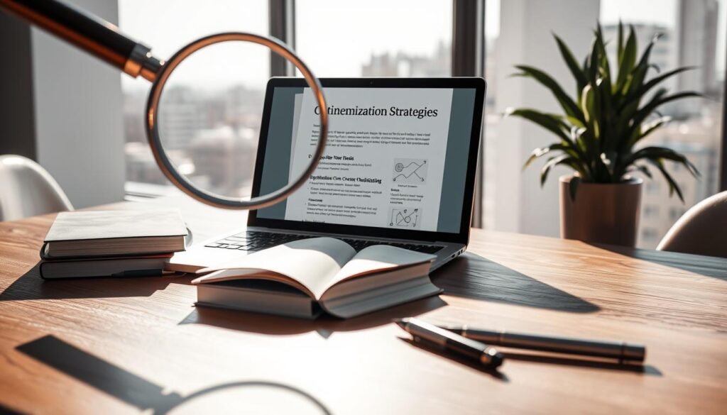 A detailed, visually striking image of "Content Optimization Strategies" for a section on "Content Quality Over Quantity" in an SEO article. In the foreground, a stylized magnifying glass hovers over a laptop screen displaying a document titled "Content Optimization Strategies." The document features neatly organized bullet points and diagrams. In the middle ground, a stack of books and a pen rest on a minimalist wooden desk, casting soft shadows. The background depicts a serene, sunlit office setting with large windows overlooking a cityscape. The overall mood is one of focus, productivity, and a thoughtful approach to content optimization.