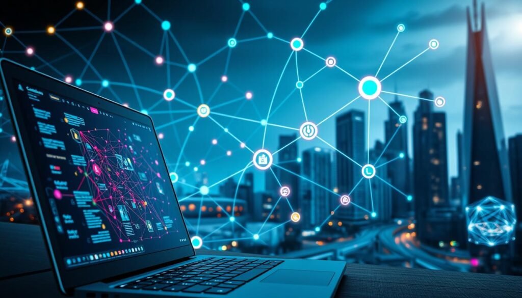 A dynamic network of digital nodes and interconnected pathways, illuminated by a vibrant array of colors and geometric patterns. In the foreground, a laptop screen displays a content creation interface, its cursor flashing as ideas flow effortlessly. The middle ground features a stylized network diagram, with pulsing data streams and icons representing social media platforms. The background is a sleek, futuristic cityscape, its skyscrapers and infrastructure mirroring the intricate web of online communication. Soft, directional lighting casts subtle shadows, creating depth and emphasizing the sense of technological innovation. The overall mood is one of inspiration, productivity, and the power of digital networking.
