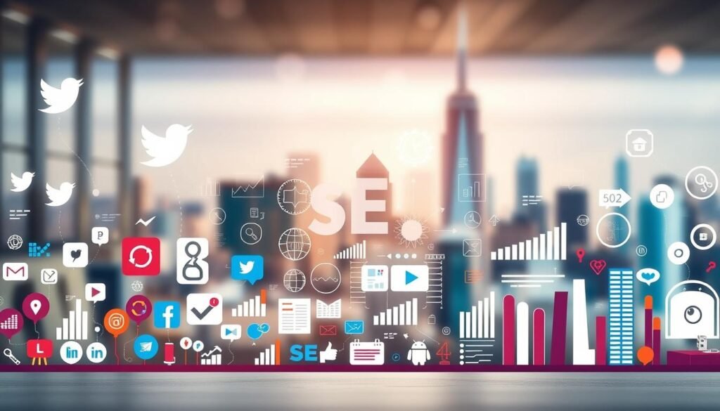 A dynamic social media landscape with vibrant icons and data visualizations. In the foreground, a stylized social media interface with platforms like Twitter, Instagram, and LinkedIn. The middle ground features a collage of infographic elements - charts, graphs, and icons - illustrating SEO strategies and metrics. The background depicts a blurred cityscape, symbolizing the reach and impact of social media on a global scale. The lighting is soft and diffused, creating a sophisticated, professional atmosphere. The overall composition conveys the power of social media as a crucial component of modern SEO and digital marketing.