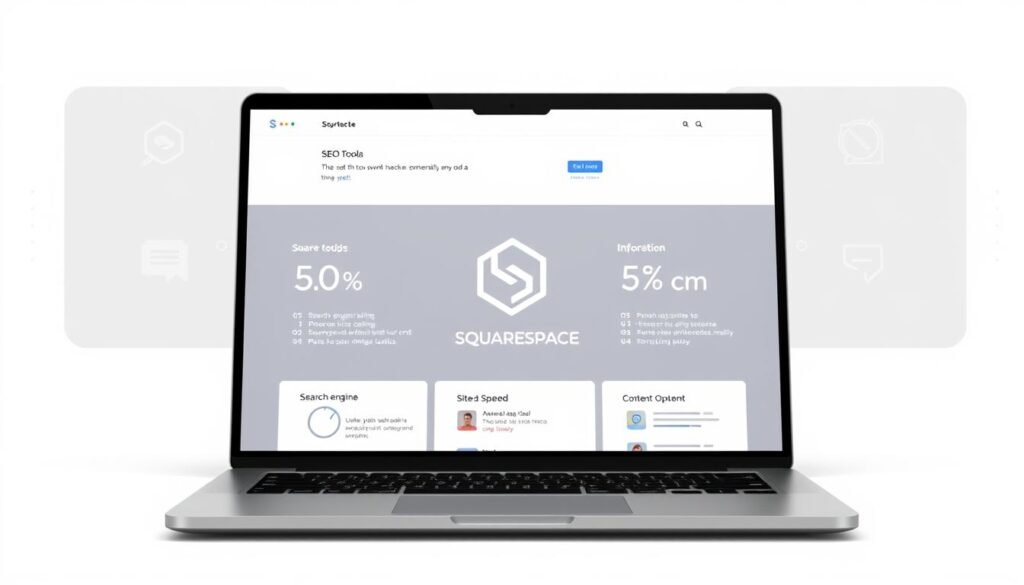 A high-quality, minimalist illustration showcasing the essential Squarespace SEO tools. Set against a crisp, white background, the scene depicts a sleek laptop screen displaying the key features and functionality of the tools. In the foreground, clean icons and infographic elements highlight metrics like search engine ranking, site speed, and content optimization. The middle ground features a simplified, geometric Squarespace logo, emphasizing the platform's native SEO capabilities. Soft, directional lighting accentuates the elegant, modern aesthetic, conveying a sense of professionalism and efficiency for managing SEO on a Squarespace website.