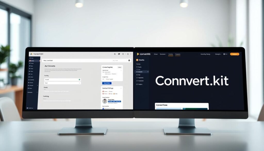 A meticulously crafted split-screen comparison of the user interfaces of Flodesk and ConvertKit, captured in a sleek, minimalist aesthetic. The foreground showcases the clean, intuitive layouts of both platforms, with attention to detail in the navigation menus, form elements, and content blocks. The middle ground highlights the distinct visual styles, color palettes, and branding elements that define the unique identities of Flodesk and ConvertKit. The background is a subtly blurred and softly lit workspace, evoking a professional, productivity-driven atmosphere. The overall composition conveys a sense of thoughtful design, user-centric focus, and the ability to make an informed decision between these leading email marketing tools.