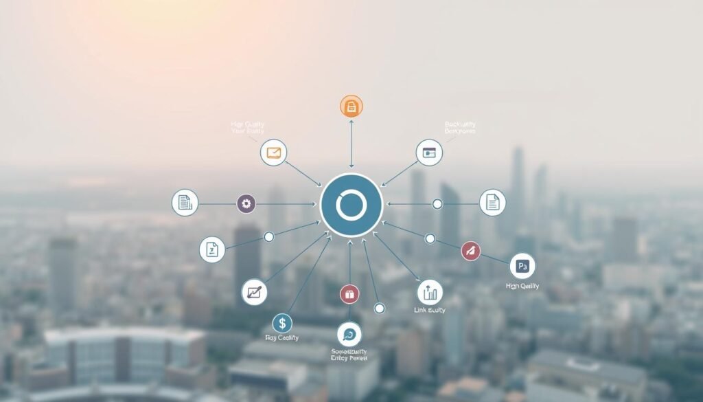A meticulously designed infographic depicting a backlink strategy visualization. The foreground features a central hub connected to various nodes representing high-quality backlink sources, each with distinct icons and colors. The middle ground showcases a intricate web of backlink relationships, with arrows indicating the flow of link equity. In the background, a subtle cityscape or landscape sets the scene, evoking a sense of scale and depth. The overall composition is balanced, with a clean, minimalist aesthetic and carefully considered use of negative space. Soft, directional lighting from the top left casts a warm, professional glow, enhancing the sense of depth and dimensionality.