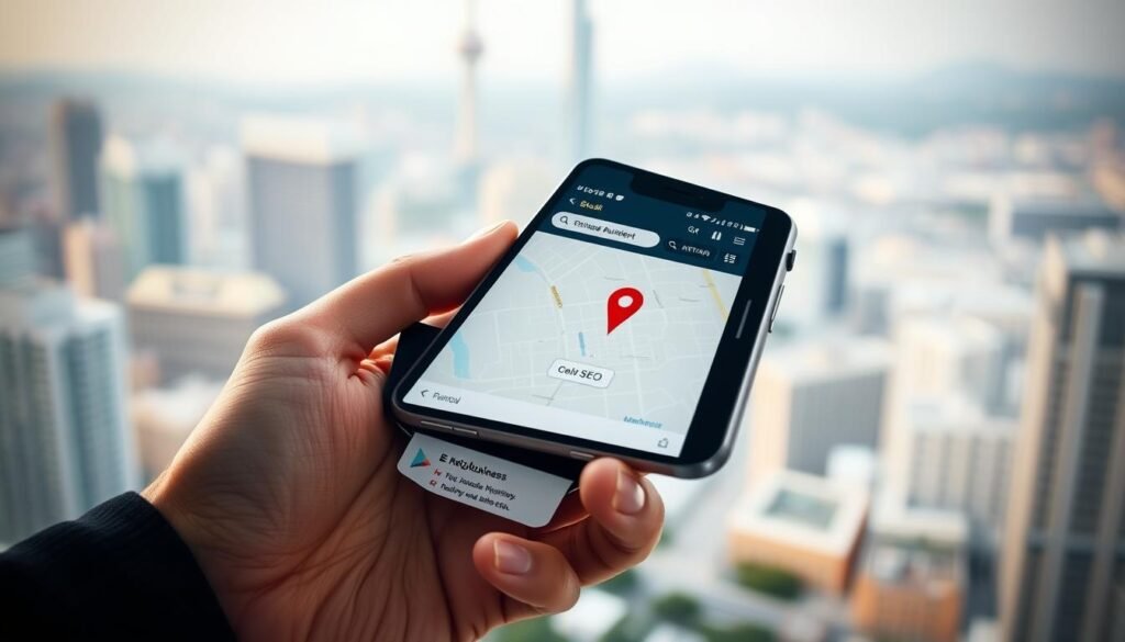 A mobile-friendly website with optimized local SEO, displayed on a smartphone screen. In the foreground, a hand holding the device, showcasing a sleek, modern design with high-contrast typography and icons. The middle ground features a map with a highlighted location pin, indicating a local business. In the background, a blurred cityscape with recognizable landmarks, conveying a sense of place and community. The lighting is soft and diffused, creating a warm, inviting atmosphere. The overall composition emphasizes the importance of mobile optimization and local relevance for businesses in the area.