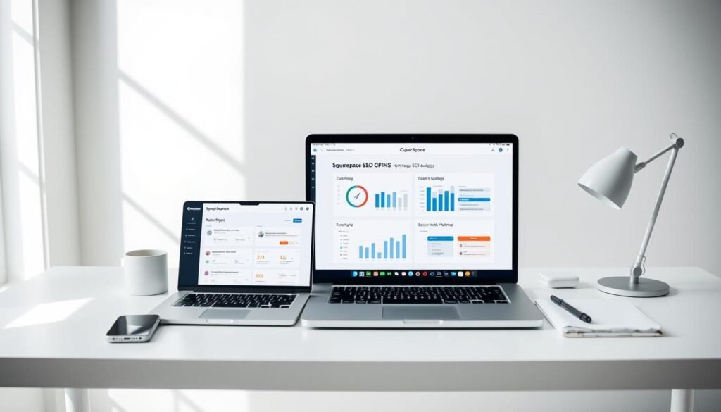 A modern and minimalist workspace with a laptop, smartphone, and various Squarespace SEO optimization tools displayed on a clean, white desk. The tools include a keyword research app, an on-page SEO analyzer, and a social media marketing planner, all showcased in a sleek, user-friendly interface. Soft, natural lighting filters in through large windows, creating a productive and focused atmosphere. The composition is balanced, with the technological elements taking center stage against a plain, uncluttered background, emphasizing the efficiency and simplicity of the Squarespace SEO optimization workflow.