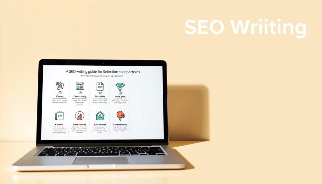 A modern, minimalist design featuring a sleek, stylized illustration of a selection guide for SEO writing companies. The foreground depicts a laptop displaying various icons and graphics representing the key criteria for evaluating SEO writing services, such as content quality, keyword optimization, and client testimonials. The middle ground showcases a clean, geometric layout with subtle gradients and soft shadows, creating a sense of depth and sophistication. The background is a warm, neutral palette, allowing the focal elements to stand out prominently. Lighting is soft and diffused, giving the image a professional, yet approachable feel. The overall composition conveys a sense of authority, expertise, and helpful guidance for choosing the right SEO writing partner.