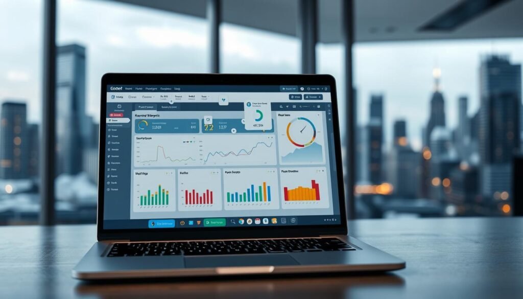 A modern, minimalist desktop scene showcasing the top features of a premier keyword research tool. In the foreground, a laptop displays a clean, intuitive dashboard with interactive data visualizations and analytics. The middle ground features a variety of colorful graphs, charts, and keyword metrics floating weightlessly, illuminated by soft, directional lighting. In the background, a blurred cityscape with skyscrapers hints at the tool's enterprise-level capabilities. The overall atmosphere is one of efficiency, intelligence, and technological sophistication, reflecting the power and precision of the keyword research tool.