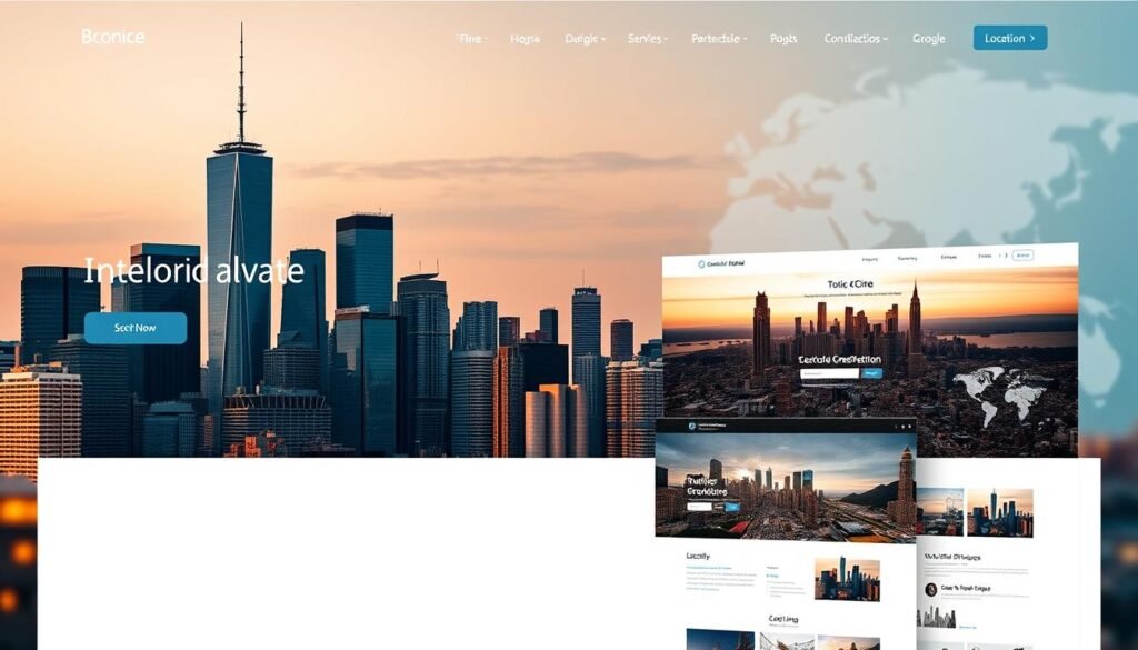 A modern, minimalist web page with a clean, responsive layout. In the center, a large city skyline dominates the foreground, with towering skyscrapers and iconic landmarks casting long shadows under a warm, golden hour lighting. In the middle ground, a series of location-specific landing pages are stacked, each showcasing a different city or region, with subtle variations in design and content. The background is a blurred, out-of-focus map, hinting at the global reach and local focus of the site. The overall mood is one of professionalism, attention to detail, and a strong emphasis on providing a tailored, location-based experience for the user.