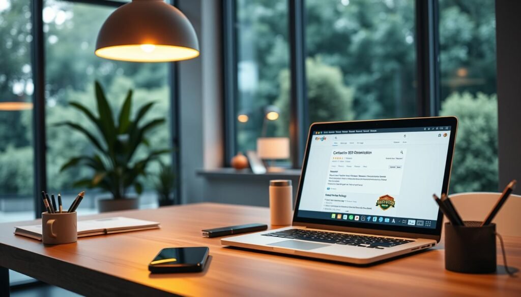 A modern office setting with a laptop, smartphone, and office supplies on a minimalist wooden desk. Warm, soft lighting from overhead lamps casts a cozy glow, while large windows in the background offer a view of a lush, green outdoor landscape. The focus is on the laptop screen, which displays a search engine results page for the query "Contractor Local SEO Optimization". The overall atmosphere conveys a sense of productivity, efficiency, and a dedication to optimizing the contractor's online presence.