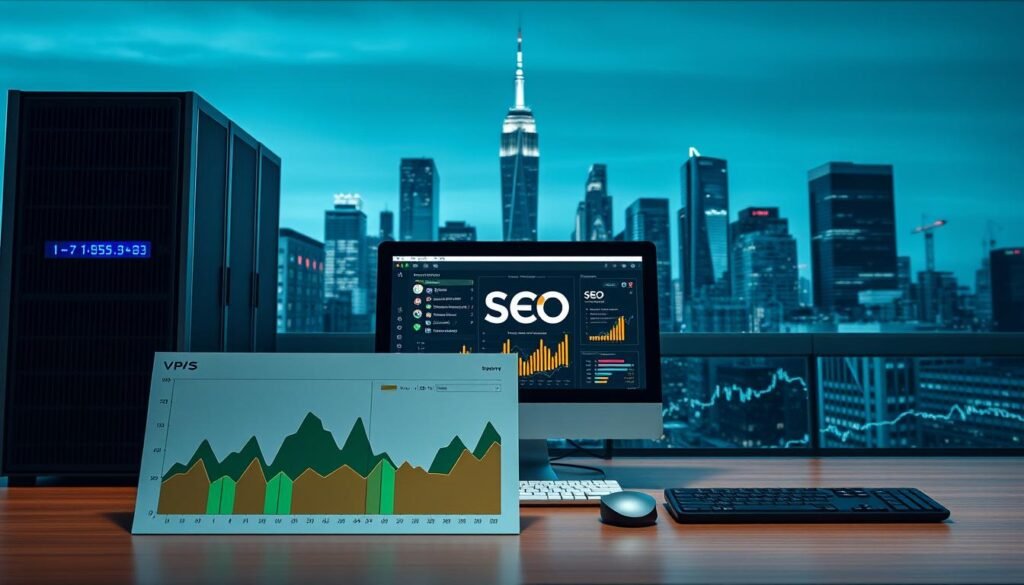A modern, sleek VPS server setup with a focus on SEO optimization. In the foreground, a series of graphs and charts display key performance metrics, showcasing the VPS's ability to drive traffic and boost search engine rankings. The middle ground features a desktop computer with various SEO software and tools open, reflecting the integrated nature of the VPS solution. In the background, a city skyline with towering buildings symbolizes the scale and impact of the VPS's optimization capabilities. The lighting is crisp and professional, with a slightly cool color temperature to convey a sense of technological sophistication. The overall mood is one of efficiency, productivity, and a clear path to online success.