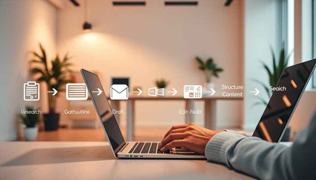 A modern, sleek workflow diagram depicting the email writing process. In the foreground, a writer's hands type on a laptop, surrounded by icons representing the stages - research, outline, draft, edit, and send. In the middle ground, a stylized timeline flows from left to right, with milestones like "Gather Information", "Structure Content", and "Polish and Refine". The background features a minimalist office scene, with a clean desk, plants, and warm, directional lighting creating a productive, focused atmosphere. The overall tone is one of efficiency, professionalism, and a streamlined approach to crafting compelling emails.