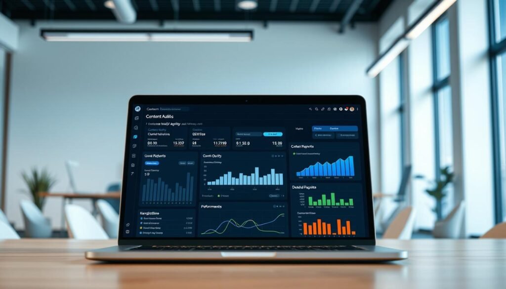 A professional digital audit dashboard displaying performance metrics and analysis for content quality, keyword relevance, and SEO best practices. The foreground features a laptop screen with an interactive UI, showcasing content auditing tools, detailed reports, and optimization recommendations. The middle ground includes visualizations like graphs, charts, and data visualizations. The background depicts a modern, minimalist office setting with clean lines, natural lighting, and technological elements, setting a tone of analytical precision and digital optimization.
