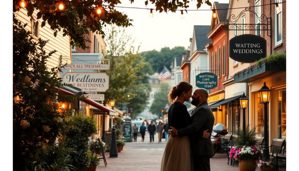 A quaint town square, filled with charming wedding venues and vendors. In the foreground, a couple embraces, their silhouettes highlighted by the warm glow of string lights overhead. Lush greenery and blooming flowers frame the scene, creating a serene and romantic atmosphere. In the middle ground, local business signs beckon, advertising their wedding services - from florists to caterers, photographers to event planners. The background features a picturesque main street, lined with historic buildings and bustling with activity. Soft, diffused lighting casts a golden hue, evoking a sense of timeless elegance. The overall composition conveys the importance of local SEO for wedding industry businesses to connect with their community and potential clients.
