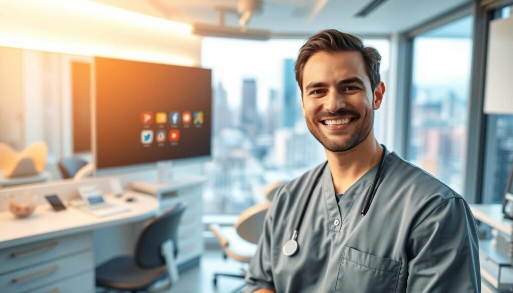 A serene orthodontic office, bathed in warm lighting and featuring a sleek, modern design. In the foreground, a dentist poses with a friendly smile, holding a smartphone displaying various social media platforms. The middle ground showcases an array of dental tools, implants, and retainers, conveying a sense of professionalism and expertise. In the background, a panoramic view of the city skyline reflects the practice's commitment to embracing digital marketing strategies to reach local patients. The overall atmosphere exudes a balance of clinical authority and a welcoming, approachable atmosphere, perfectly capturing the essence of an orthodontist's social media marketing efforts.