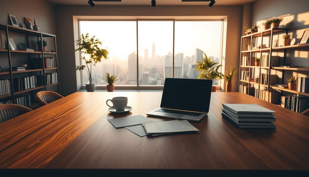 A serene, well-lit office scene with a large, wooden desk in the foreground. On the desk, a laptop, a cup of coffee, and several neatly organized documents. In the middle ground, shelves lining the walls, filled with books and decorative plants. The background features a large window overlooking a tranquil city skyline, with warm, golden lighting streaming in. The overall atmosphere conveys a sense of focus, productivity, and thoughtful consideration of content optimization strategies.