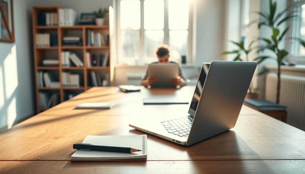 A serene workspace illuminated by soft, natural light streaming through large windows. In the foreground, a laptop and notepad rest on a minimalist wooden desk, surrounded by a few neatly organized office supplies. In the middle ground, a person sits at the desk, deeply focused on the laptop screen, their fingers dancing across the keyboard. The background features a bookshelf filled with reference materials, and a plant in the corner adds a touch of greenery to the scene. The overall atmosphere conveys a sense of productivity, efficiency, and a well-crafted workflow for an SEO writing service.