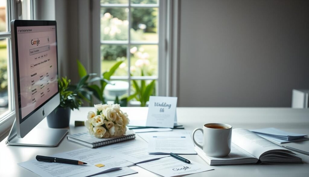 A serene workspace illuminated by soft, natural lighting. In the foreground, a desktop computer with a search engine interface displaying relevant wedding-related keywords. Surrounding it, an array of neatly organized research materials, including printouts, notebooks, and a mug of coffee. In the middle ground, a stylized wedding invitation and a bouquet of delicate flowers, symbolizing the fusion of wedding planning and digital marketing. In the background, a window overlooking a tranquil garden, with a touch of whimsy and inspiration. The overall atmosphere conveys the thoughtful, analytical process of optimizing wedding service offerings for search engine visibility.