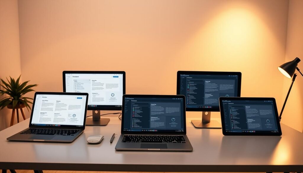 A sleek and modern workspace with a minimalist aesthetic. On the desk, several laptops and tablets display various keyword clustering tools in side-by-side comparison. The foreground features an array of elegant, high-tech devices in muted tones, each showcasing a different software interface. In the middle ground, a neatly organized workspace with a clean, clutter-free design. The background is a simple, softly-lit studio setting with neutral-colored walls, creating a focused, professional atmosphere. Warm, directional lighting casts gentle shadows, highlighting the details of the tech devices and creating a sense of depth and dimensionality. The overall mood is one of efficiency, productivity, and informed decision-making.