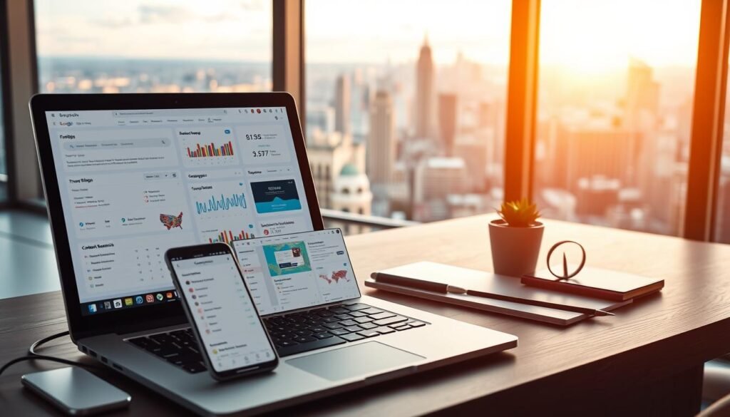 A sleek and modern workspace with a variety of digital marketing tools and devices. In the foreground, a laptop and smartphone display various keyword research platforms, analytics dashboards, and content optimization interfaces. In the middle ground, a stylized travel map with pins and icons indicating popular destinations. The background features a panoramic window view overlooking a vibrant cityscape, with warm, natural lighting filtering through. The overall mood is one of focus, productivity, and inspiration for travel bloggers seeking to enhance their online presence through strategic keyword research.