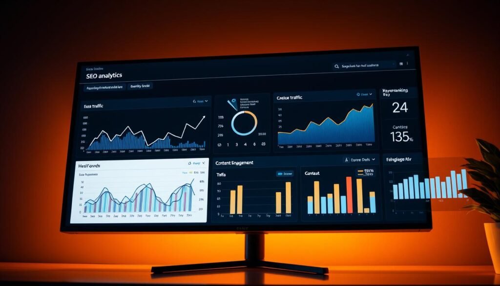 A sleek, data-driven SEO analytics dashboard displayed on a high-resolution monitor, illuminated by warm, directional lighting. The interface showcases interactive graphs, charts, and performance metrics that provide deep insights into website traffic, keyword rankings, and content engagement. The dashboard is presented in a minimalist, user-friendly design with a dark color scheme, clean typography, and subtle accents that convey professionalism and attention to detail. The overall mood is one of analytical precision and data-driven decision-making, reflecting the importance of tracking and measuring SEO success.